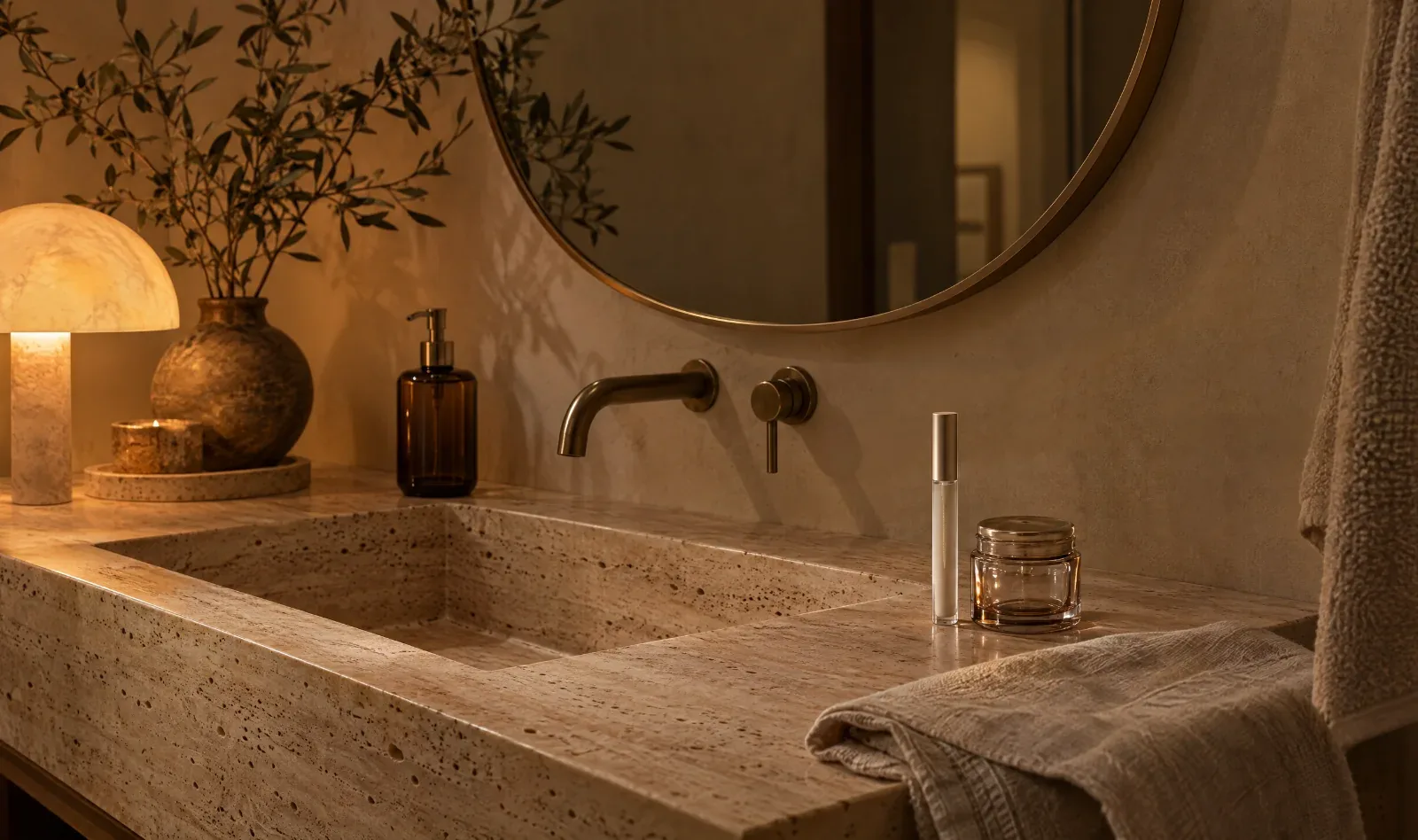 Badezimmer am Abend in warmem Licht mit Wimpernserum auf dem Waschtisch